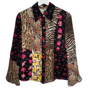 Esther Chen Silk Patchwork Boho‎ Button Up Top Pointed Collar Size 4